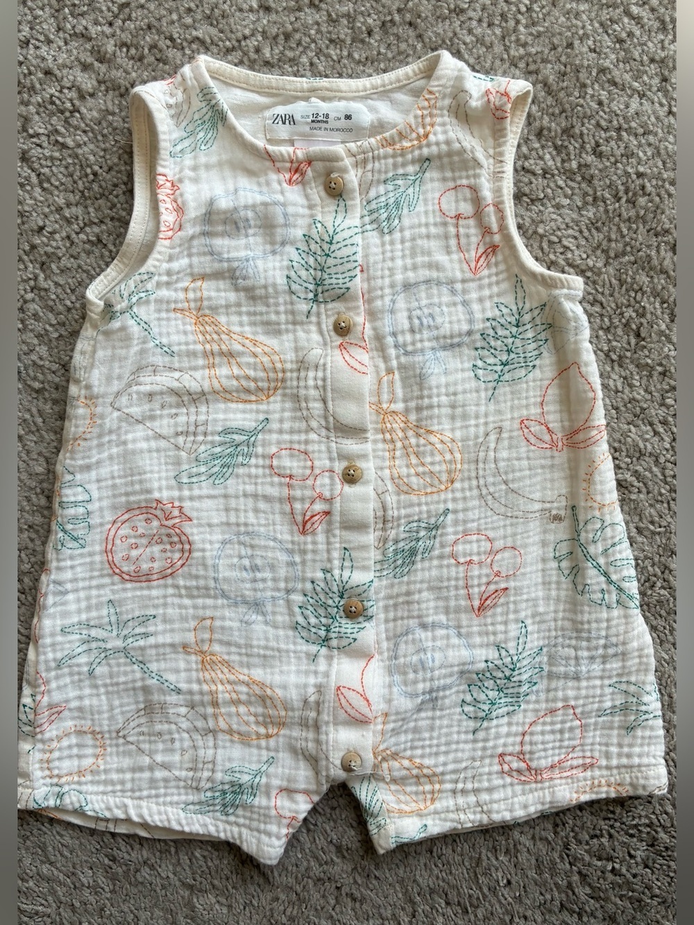 Zara Cream Baby Romper with Multicolor Fruit & Leaf Embroidery